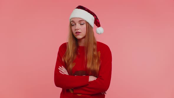 Dissatisfied Christmas Girl Asking Reason of Failure Expressing Disbelief Irritation Feeling Bored