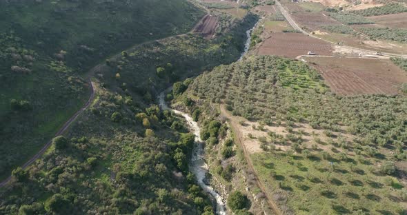 Aerial view of Sa'ar river in the forest, Golan Heights, Israel.