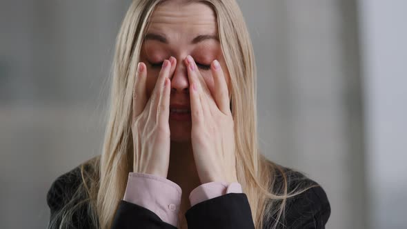 Close Up Portrait Caucasian Sad Tired Business Woman Upset Manager Worker Blond Female Feels Pain in
