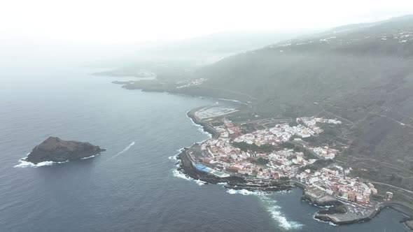 Aerial View of a Small Village Along the Coast and Sea on the Island of Tenerife Spain Europe