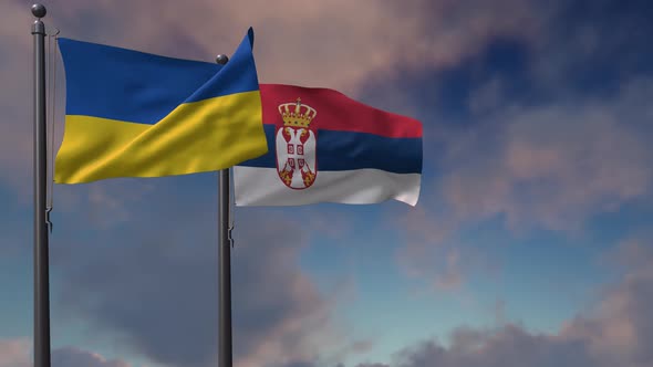 Serbia Flag Waving Along With The National Flag Of The Ukraine - 4K