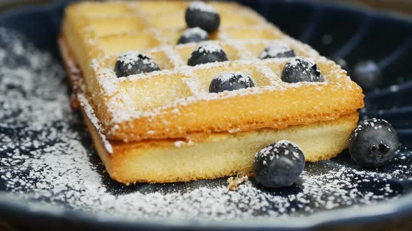 Appetizing Golden Square Wafer in a Blue Bowl with Blueberries and Sweet Powder