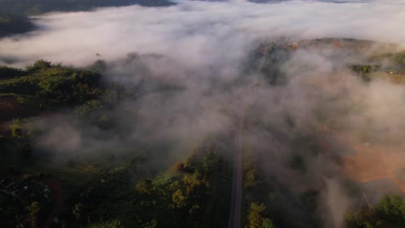 4K High mountain road in fog. Tropical forest with smoke and fog.