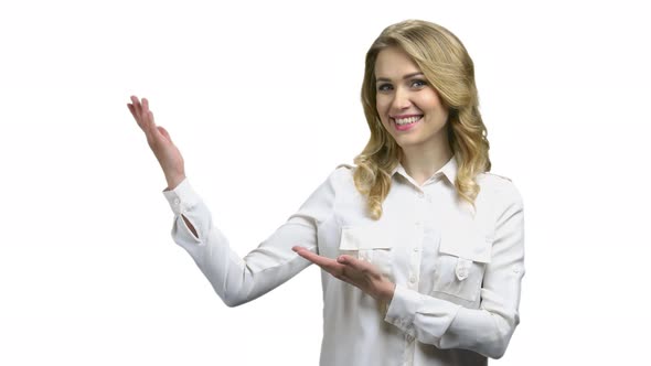 Young Business Woman Showing to Copy Space with Hands