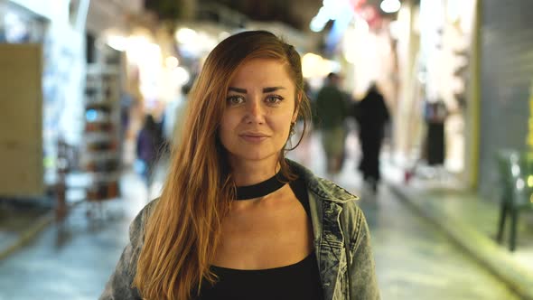 Modest Smiling Lady Portrait on Crowded Streets