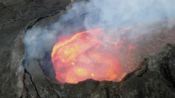 Close-up aerial view of erupting volcano (Fagradalsfjall) in Iceland