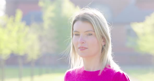 Front Close Up of Caucasian Woman Beautiful Young Human Face with Pale White Skin and Blonde Hair