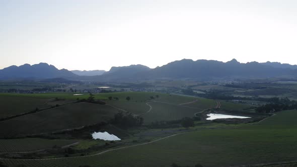 Aerial drone over green vineyards and ponds with blue mountains and farmhouse shed in background, be