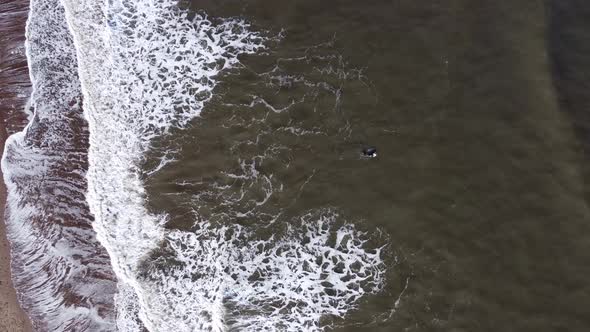 Surfer paddling away from the shore, with drone pulling out to expose the beach