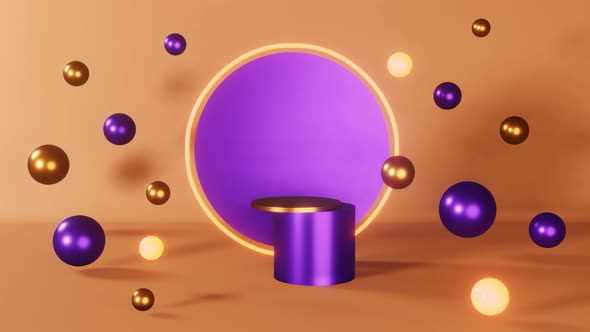 Purple neon cylinder podium stage 3d animation. Glowing pedestal abstact design composition 4K