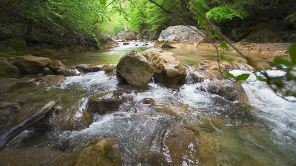 Footage Of Stream Flowing Through Rocks In Forest