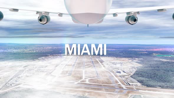 Commercial Airplane Over Clouds Arriving City Miami