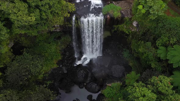 Zillie Falls waterfall with rainforest top down aerial, Atherton Tablelands, Queensland, Australia