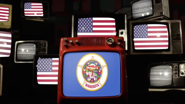 US Flags and Flag of Minnesota on Retro TVs.