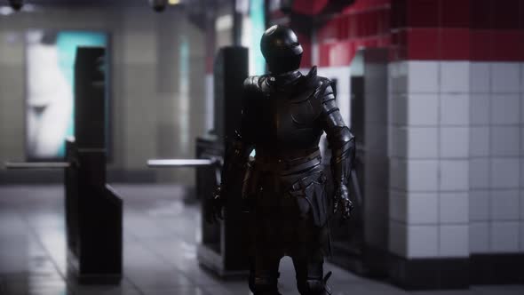 Ancient Metal Armored Knight in Metro Subway alt