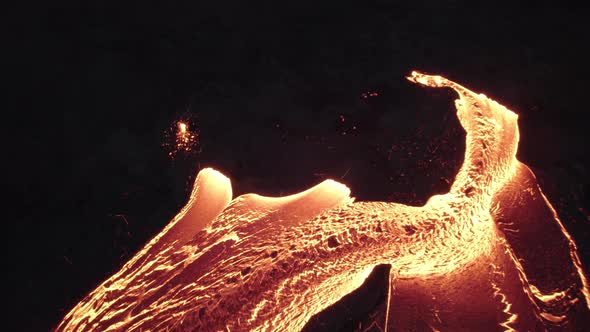 Drone Over Flowing River Of Molten Lava From Erupting Volcano