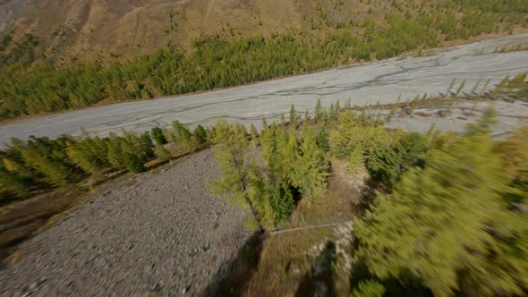 Aerial Panorama View Retro SUV Automobile Riding to Glacier Mountain River Natural Valley