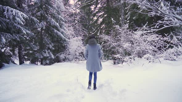 Back View of Girl Walking Into Deep Forest in Big Snow