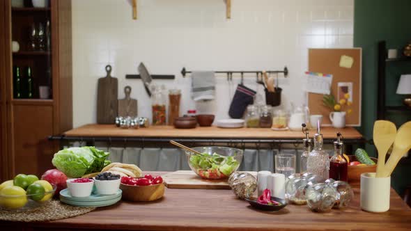 Chef Table with Prepared Ingredients for Cooking Vegetable Salad