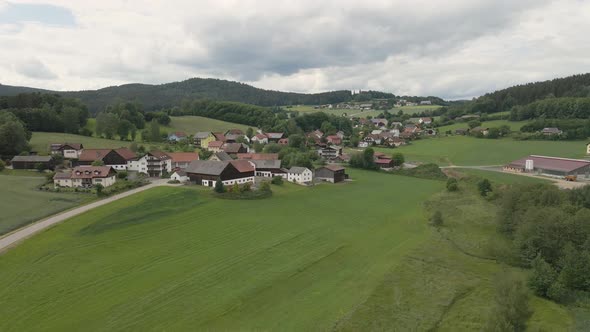 Scenic aerial view of a village in Bavaria on a sunny summer day