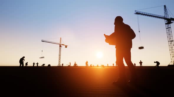 Construction Worker Looking At Blueprints Silhouettes