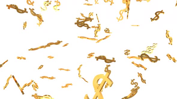 Shiny Golden Dollar Signs Falling Down in Slow Motion 3D Animation - 1080p