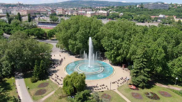 Aerial view of musical fountain on Margaret island in Budapest, Hungary