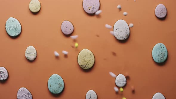 Top View of Easter Cookies and Quail Eggs Candy