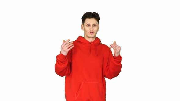 Young caucasian man dancer in red hoody talking to camera