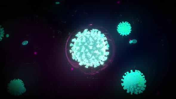 Projection of the text Sars Cov2 Infection in the black virus cells background alt