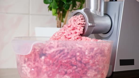 Meat in an Electric Meat Grinder