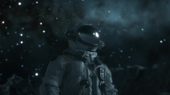 The Astronaut on a New Unknown Snow Planet Under Alien Stars