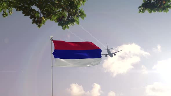 Republic of Srpska Flag With Airplane And City 