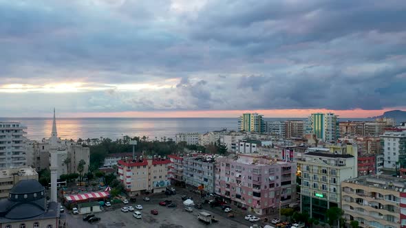 Colorful Sunset Over the City Aerial View 4 K Alanya Turkey