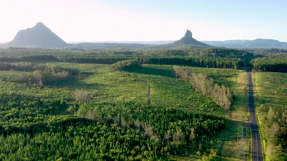 Aerial view of the Glass House Mountains, Sunshine Coast Hinterland.