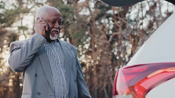 Mature African American Businessman Stands Near Car Talking on Phone Confident Man Sales Agent