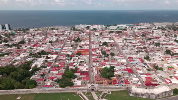 Flying over the walled city of campeche
