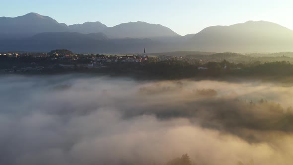 Flying above the river and fog