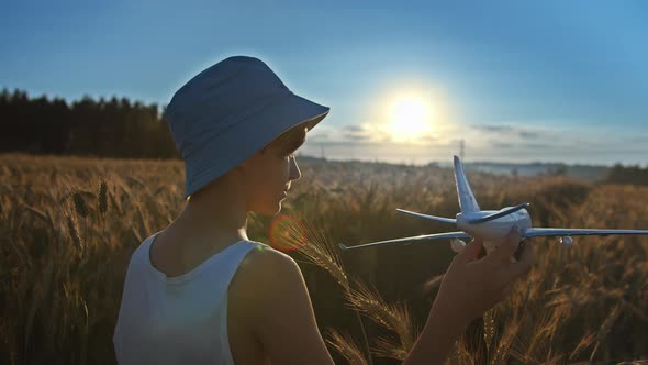 Boy in a Hat Playing with Airplane in a Golden Wheat Field Boy Dreams of Being a Pilot