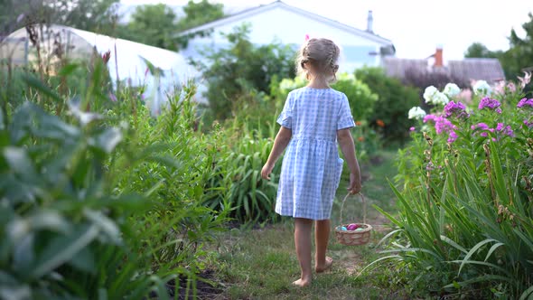 Little Girl Looking for Easter Eggs with Basket in Hand Entertainment for Children Catholic Easter