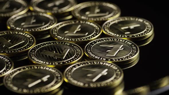 Rotating shot of Bitcoins (digital cryptocurrency) - BITCOIN LITECOIN 218