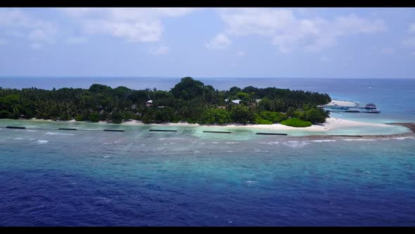 Aerial view tourism of beautiful tourist beach voyage by shallow sea and white sandy background of a