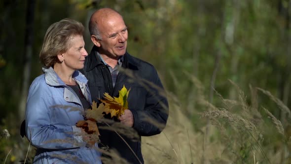 Elderly Family Couple Is Resting at Nature at Windy Fall Day, Old Man and Woman Are Enjoying