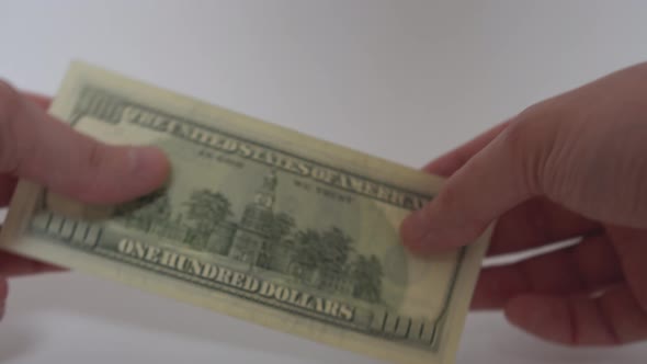 A 100 US Dollar Bill in Hands Is Shown From All Sides