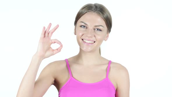 Woman Showing Ok Sign, White Background