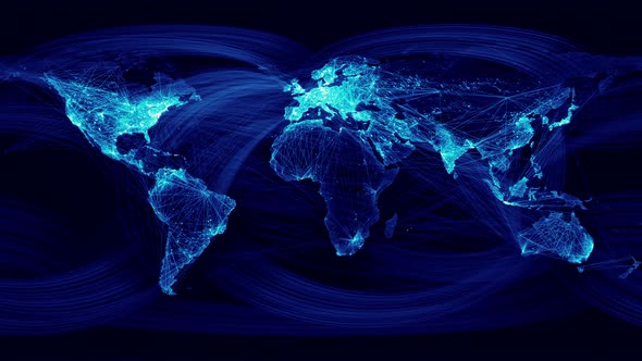 Network Lines Lighting Up World Map Blue. Use as a high resolution texture or projection map.
