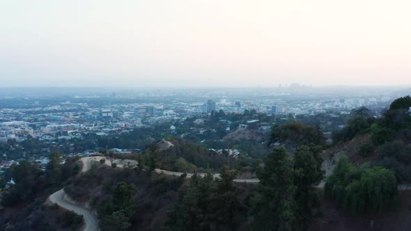 Urban aerial view of beautiful and scenic downtown Los Angeles on blue sky. 