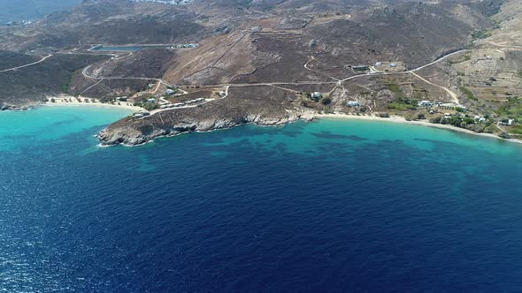 Psili Ammos beach on Serifos island in the Cyclades in Greece seen from the sky