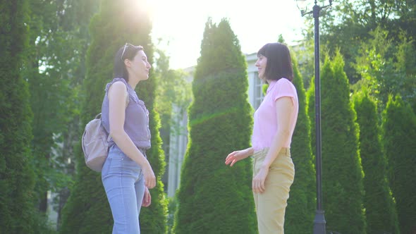 Two Young Deafmute Women Communicate Using Sign Language in the Park