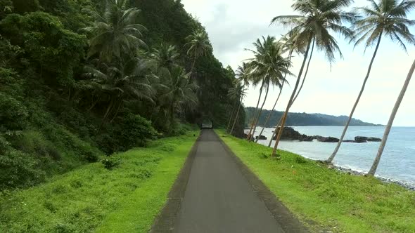 Aerial towards tropical road landscape São Tomé island, Africa